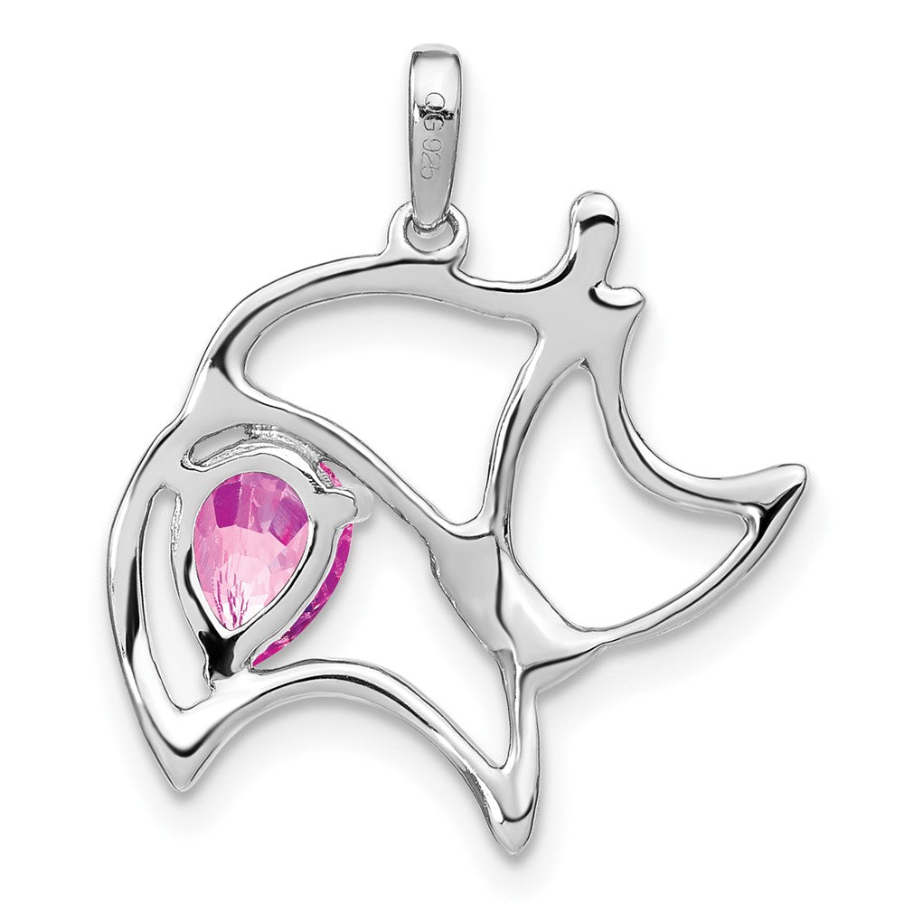 14K Weißgold Anhänger mit synthetischem Pink-Saphir und echtem Diamant in Katzenform