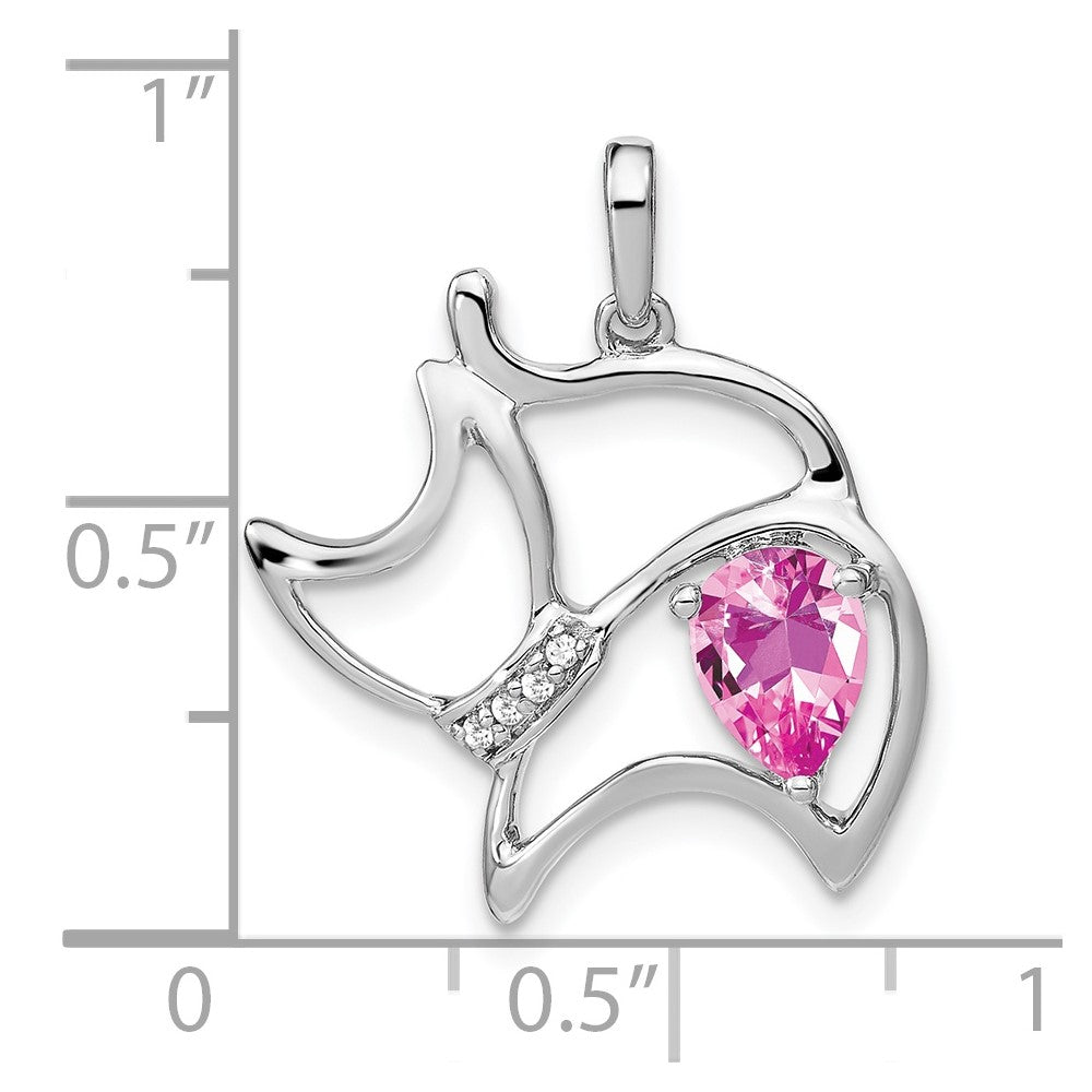 14K Weißgold Anhänger mit synthetischem Pink-Saphir und echtem Diamant in Katzenform