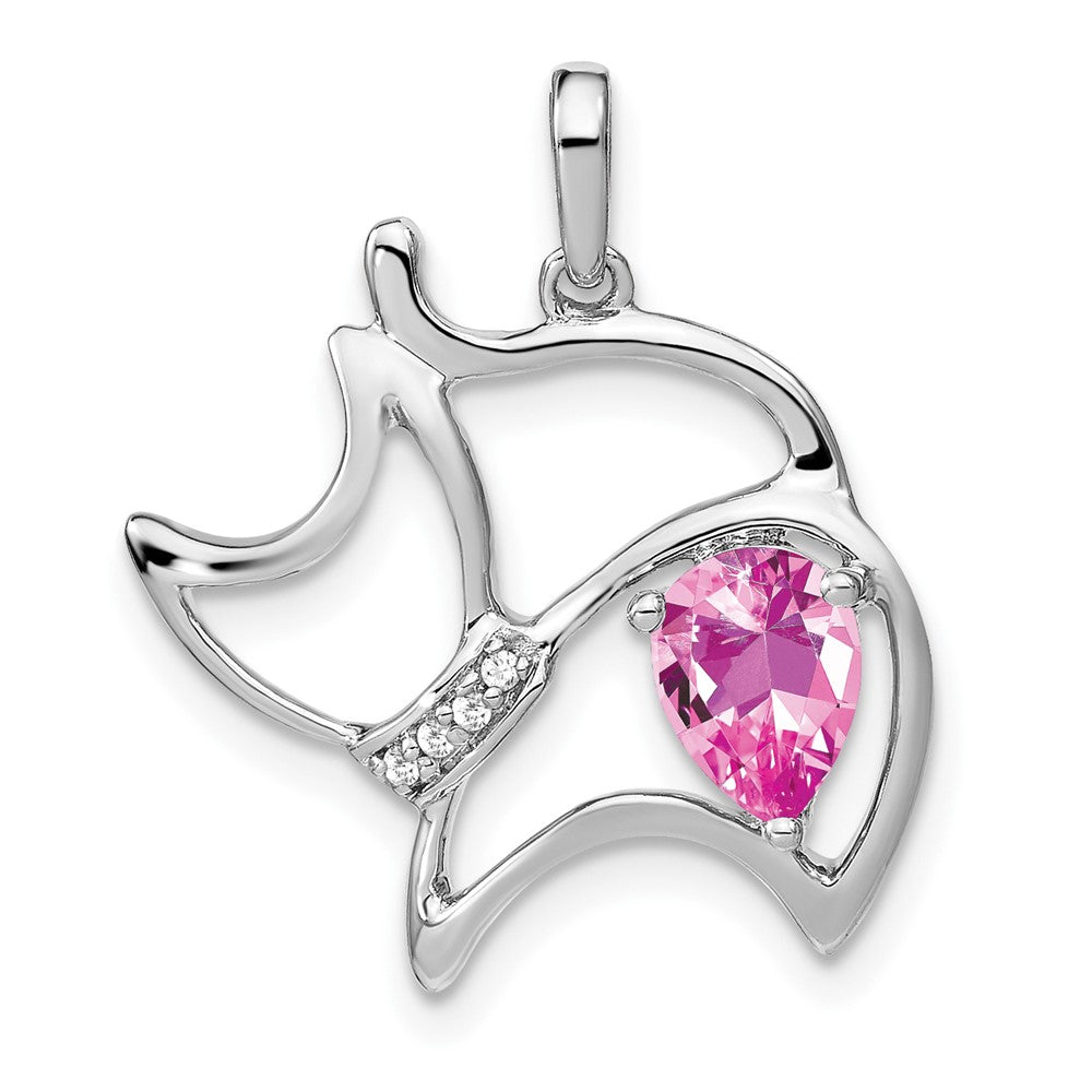 14K Weißgold Anhänger mit synthetischem Pink-Saphir und echtem Diamant in Katzenform
