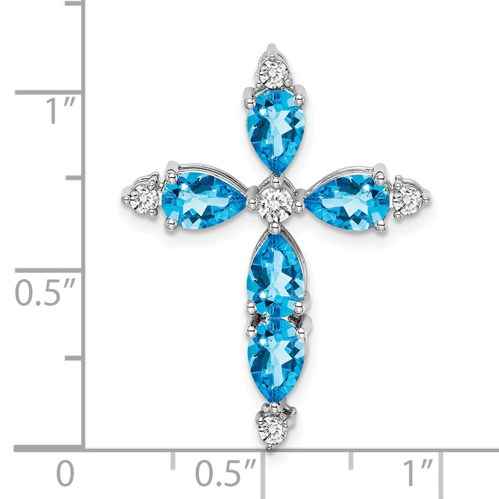 14K Weißgold Blautopas und Echt Diamant Kreuz Kette Anhänger