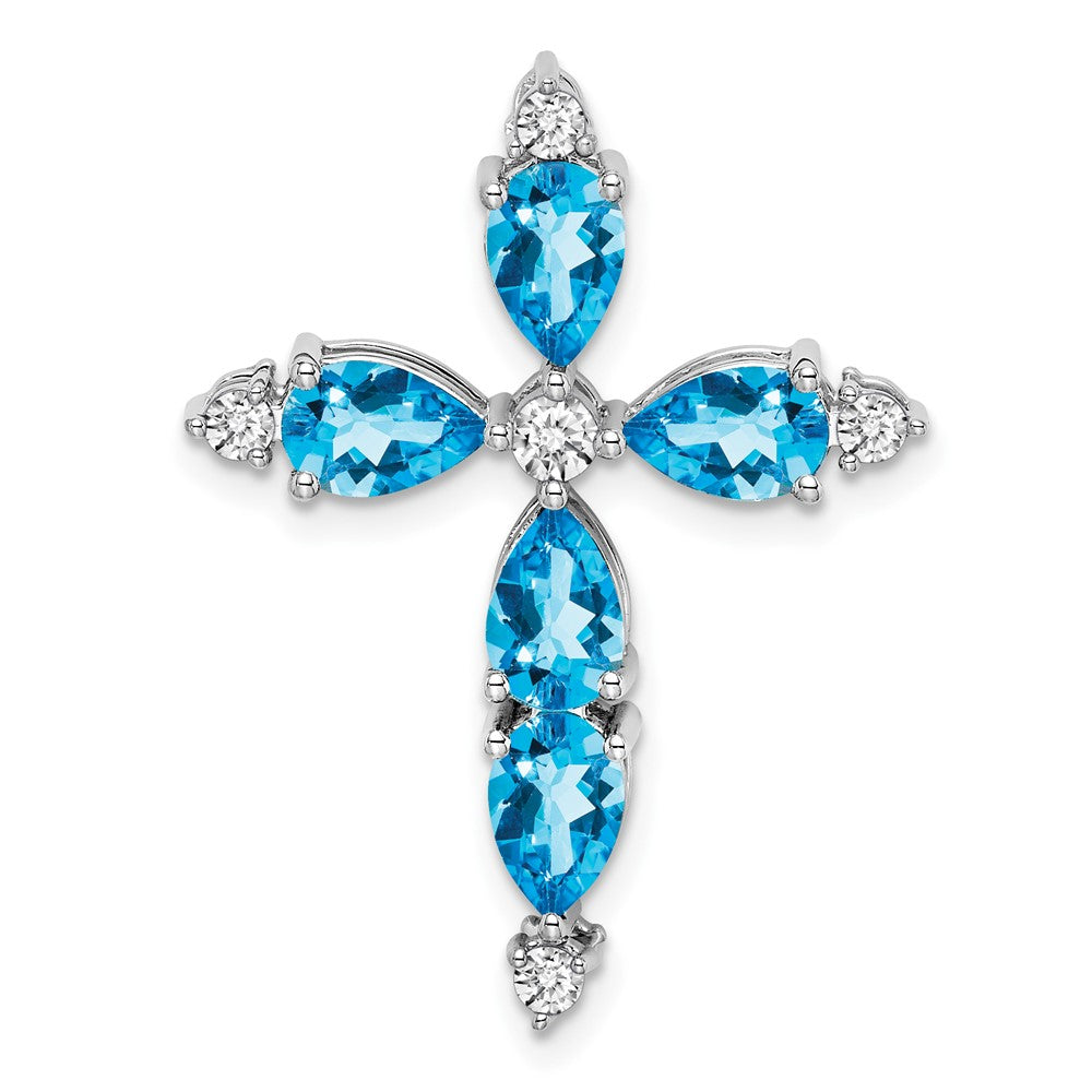 14K Weißgold Blautopas und Echt Diamant Kreuz Kette Anhänger