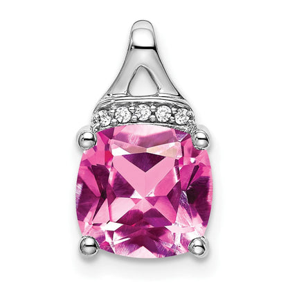 14K Weißgold Kissenschliff-Anhänger mit synthetischem Rosa-Saphir/echtem Diamant
