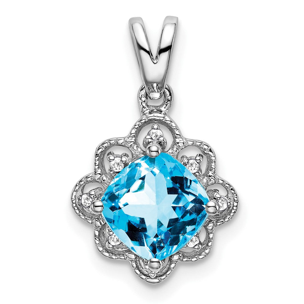 14K Weißgold Blautopas- und Echt-Diamant-Anhänger mit Wellenrand