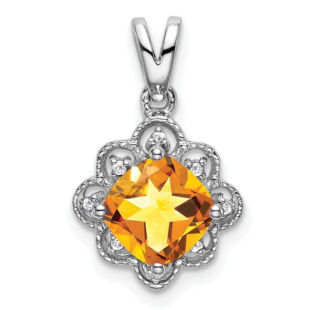 14K Weißgold Citrin- und Echtdiamant-Anhänger mit Wellenrand