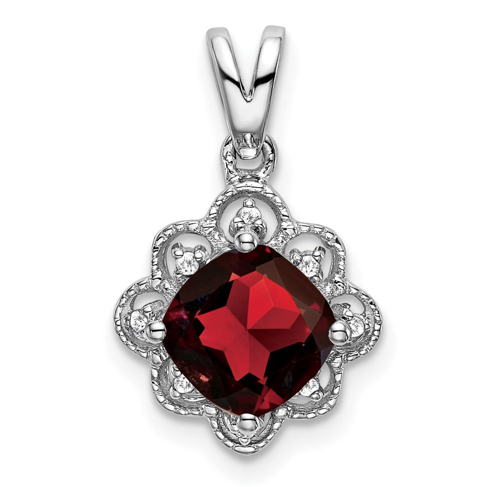 14 Karat Weißgold Anhänger mit Granat und echtem Diamant, gewellt