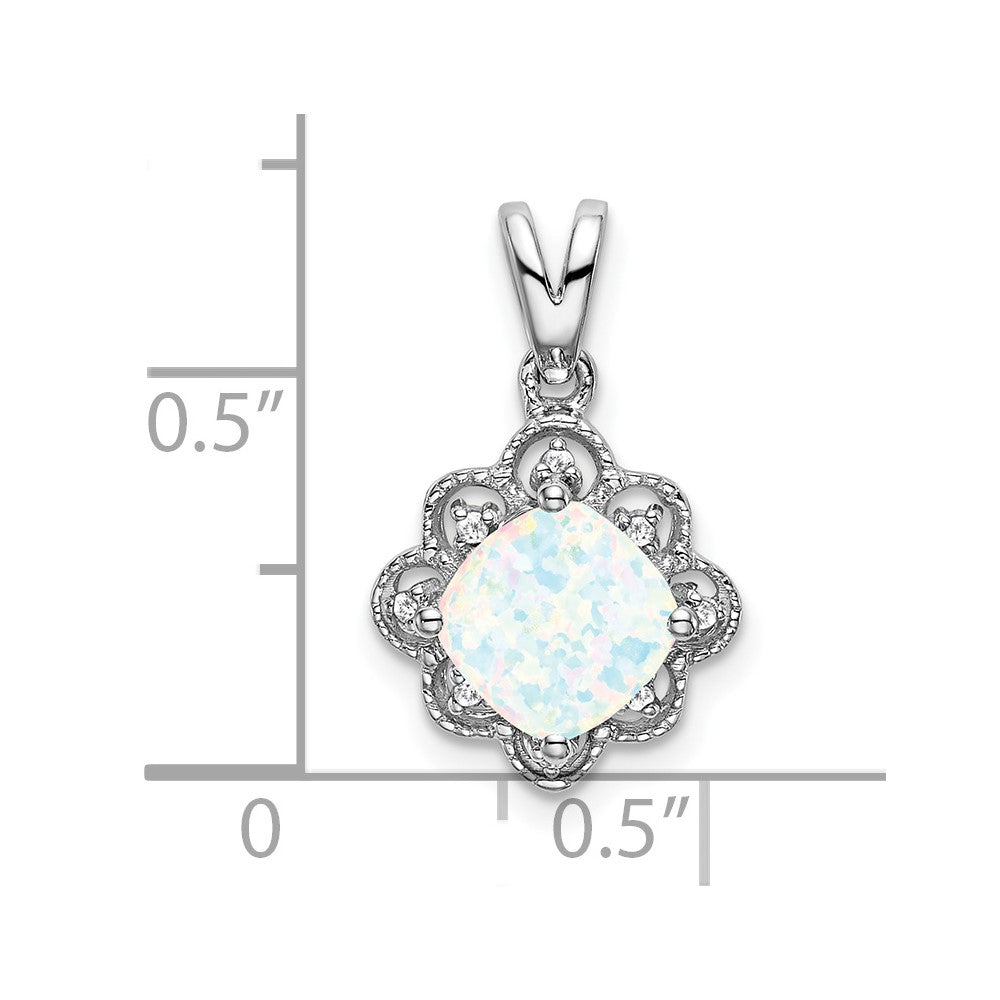 14K Weißgold Anhänger mit gewelltem Rand, synthetischem Opal und echten Diamanten