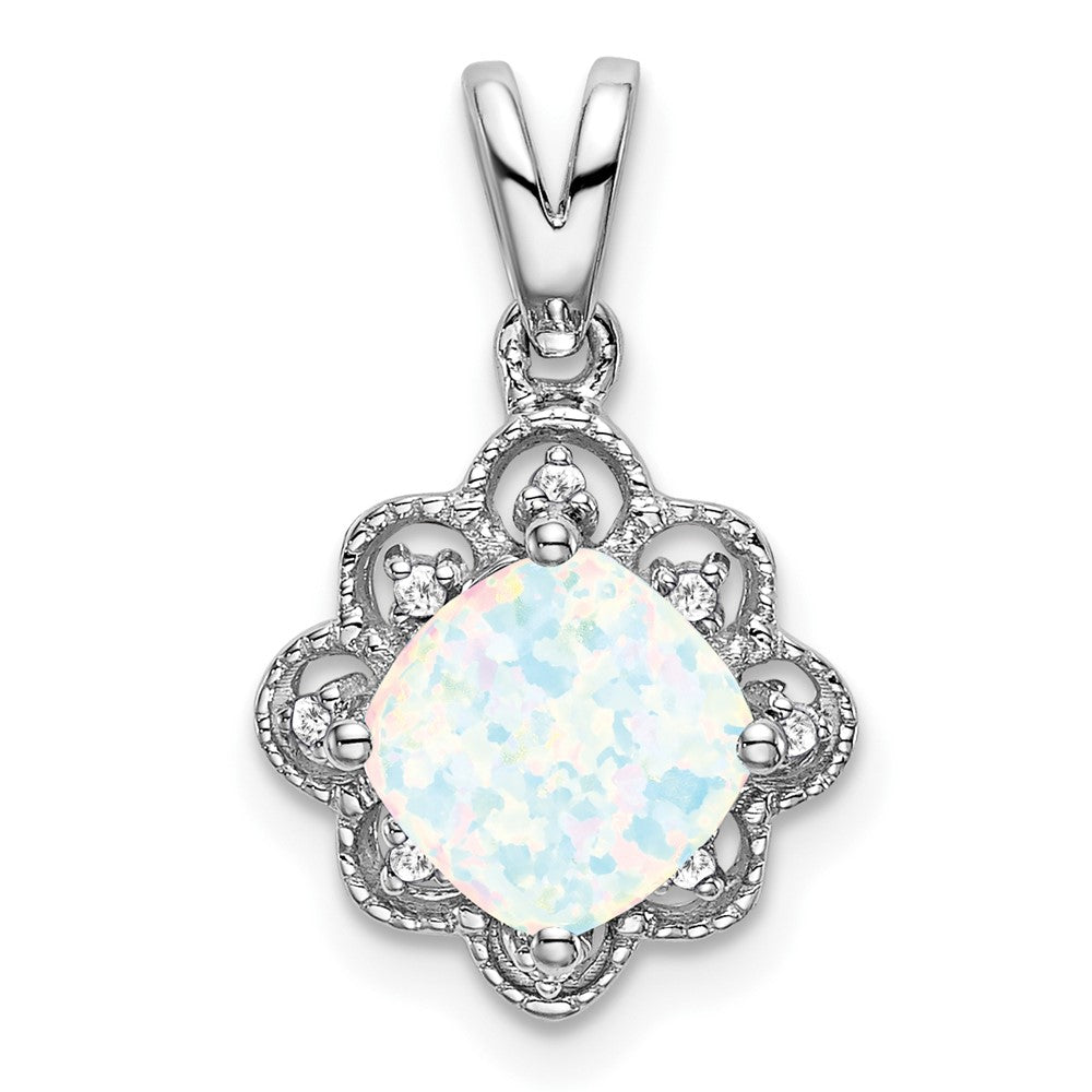 14K Weißgold Anhänger mit gewelltem Rand, synthetischem Opal und echten Diamanten