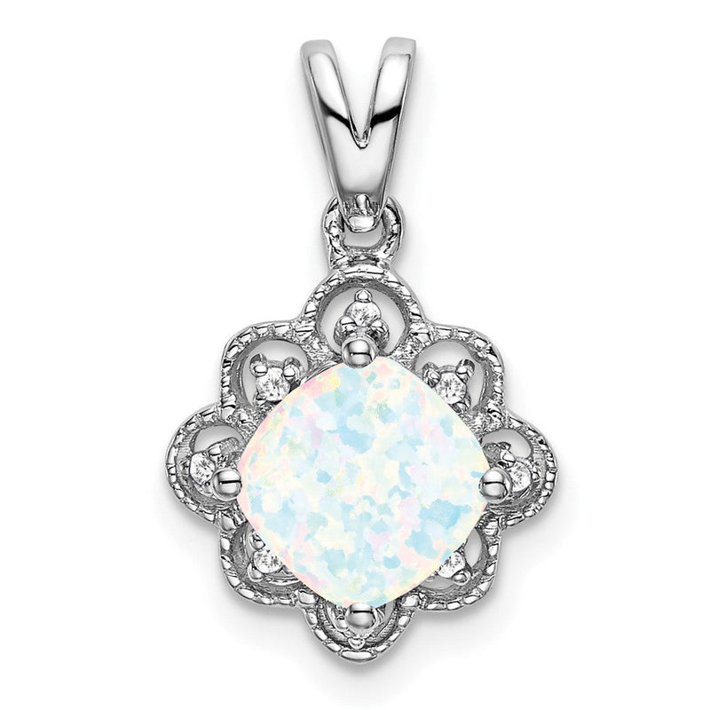 14K Weißgold Anhänger mit gewelltem Rand, synthetischem Opal und echten Diamanten
