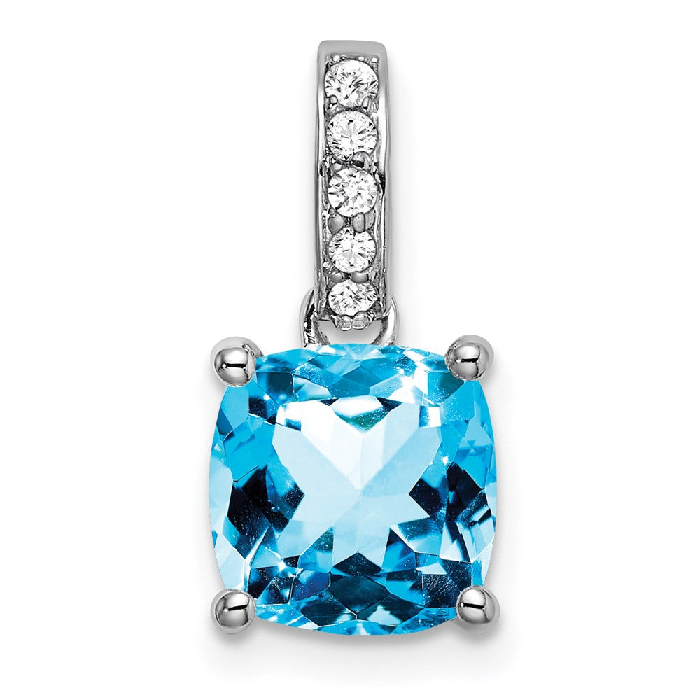 14K Weißgold Kissenschliff Blautopas und Echter Diamant Anhänger