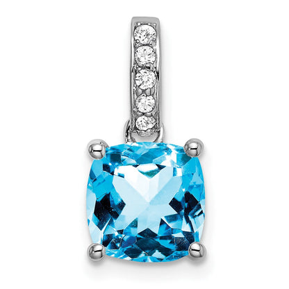 14K Weißgold Kissenschliff Blautopas und Echter Diamant Anhänger