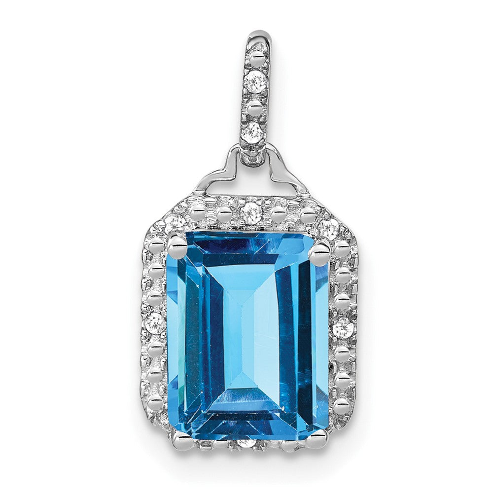14K Weißgold Anhänger mit Blautopas im Smaragdschliff und echten Diamanten im Halo-Design