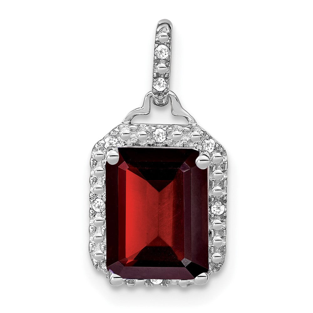 14K Weißgold Anhänger mit Granat im Smaragdschliff und echten Diamanten im Halo-Design