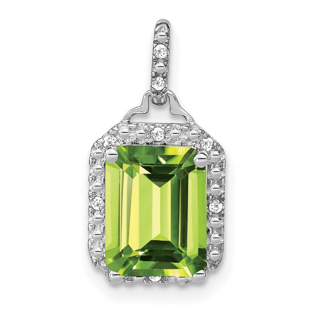 14K Weißgold Anhänger mit Peridot im Smaragdschliff und echten Diamanten, Halo-Fassung