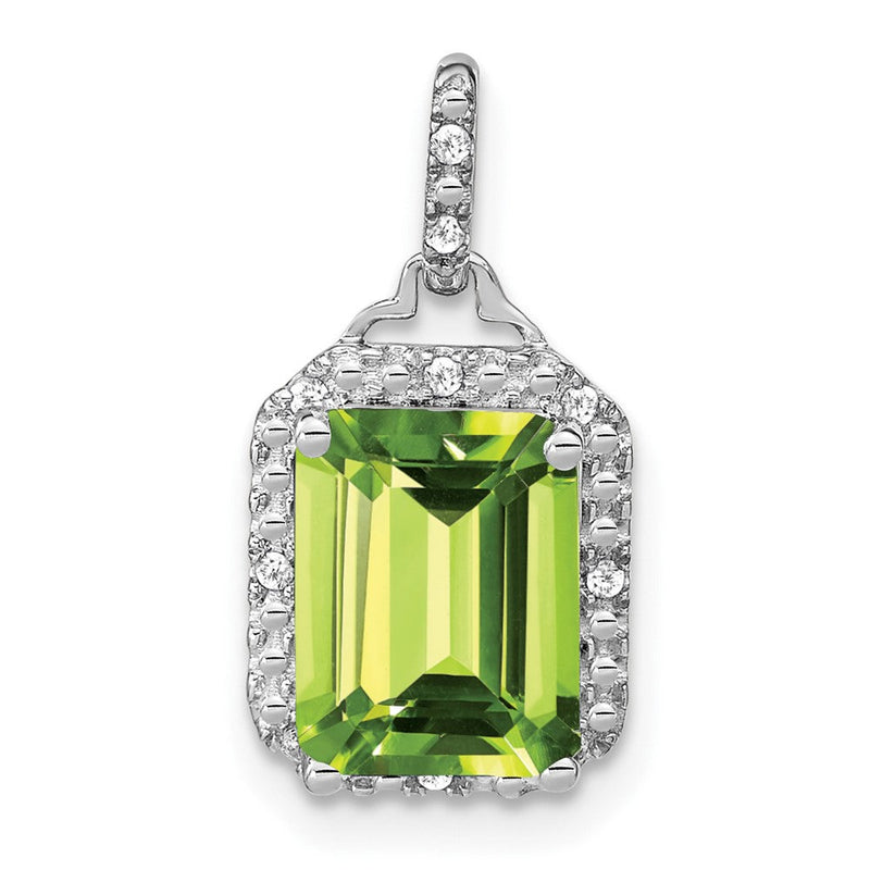 14K Weißgold Anhänger mit Peridot im Smaragdschliff und echten Diamanten, Halo-Fassung
