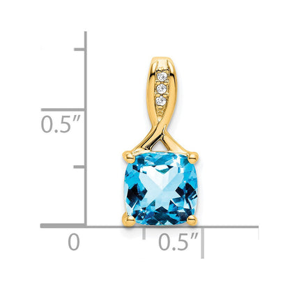 14K Gelbgold Anhänger mit kissenförmigem blauem Topas und echten Diamanten