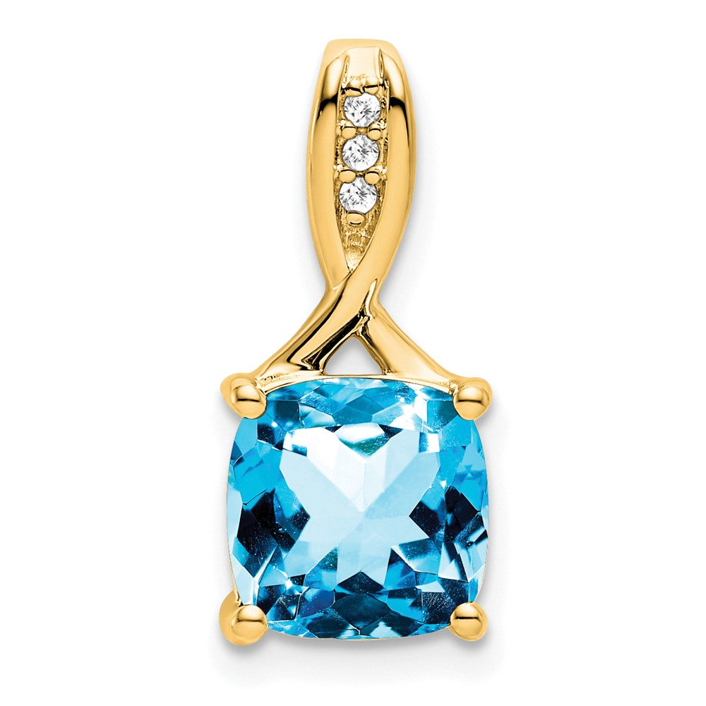 14K Gelbgold Anhänger mit kissenförmigem blauem Topas und echten Diamanten