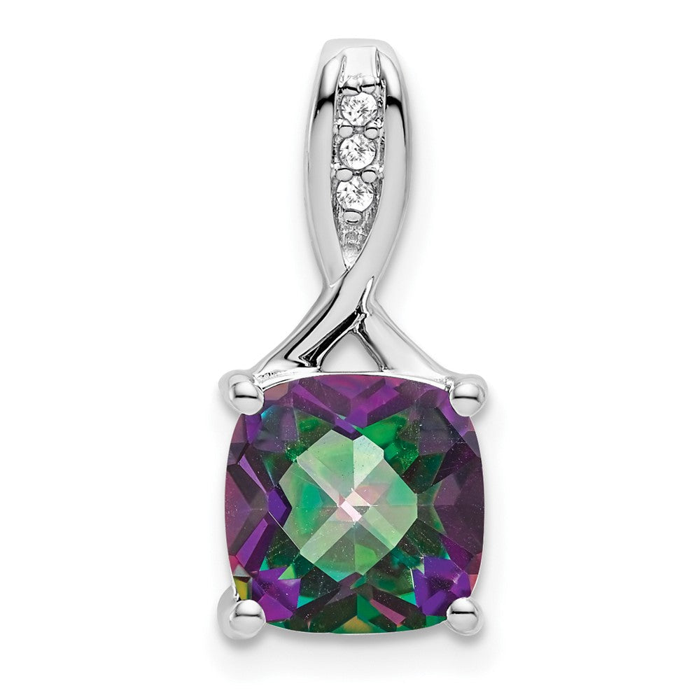 14K Weißgold Anhänger mit Mystic-Fire-Topas im Kissenschliff und echten Diamanten
