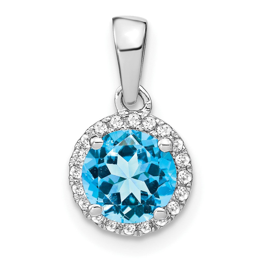 14 Karat Weißgold Anhänger mit blauem Topas und echten Diamanten im Halo-Design