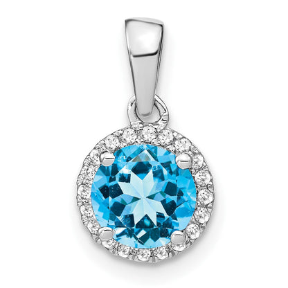14 Karat Weißgold Anhänger mit blauem Topas und echten Diamanten im Halo-Design