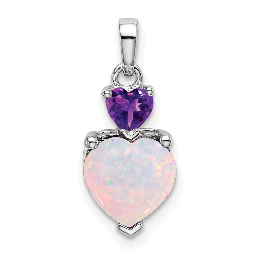 14K Weißgold Herz-Anhänger mit synthetischem Opal und Amethyst