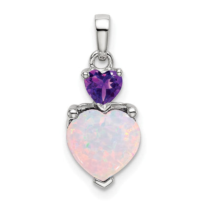 14K Weißgold Herz-Anhänger mit synthetischem Opal und Amethyst
