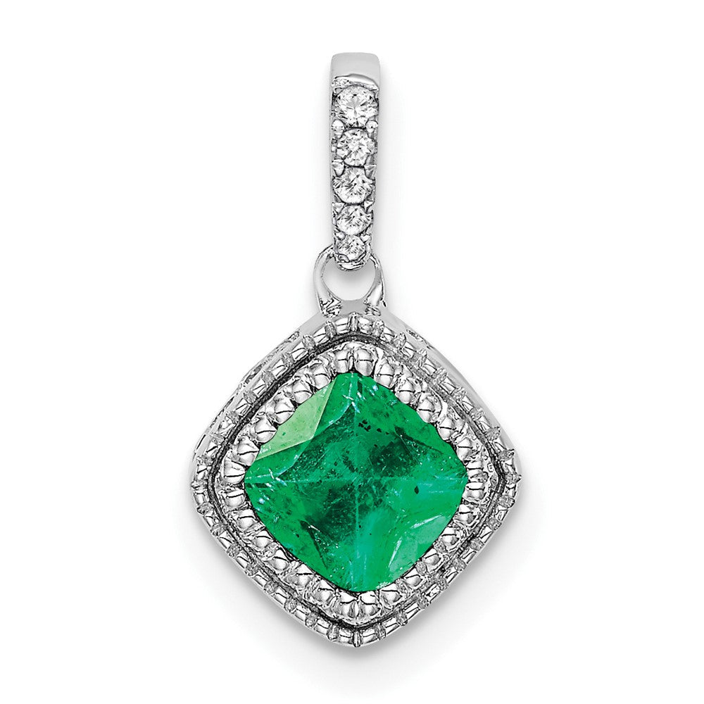 14K Weißgold Anhänger mit Kissenschliff-Smaragd und echten Diamanten