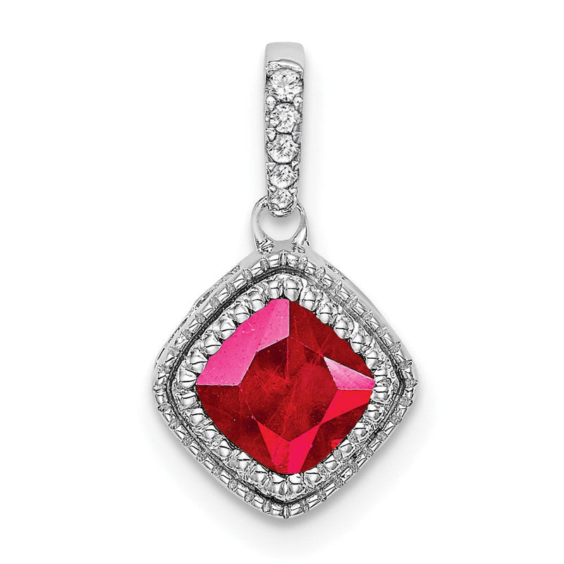 14K Weißgold Anhänger mit Rubin im Kissenschliff und echten Diamanten