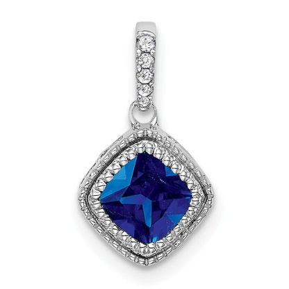 14K Weißgold Anhänger mit Kissenschliff-Saphir und echtem Diamant