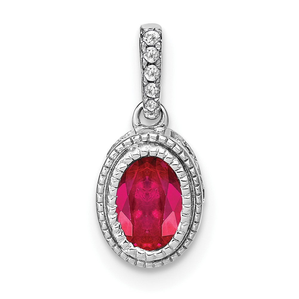 14 Karat Weißgold-Anhänger, oval, mit Rubin und echtem Diamant