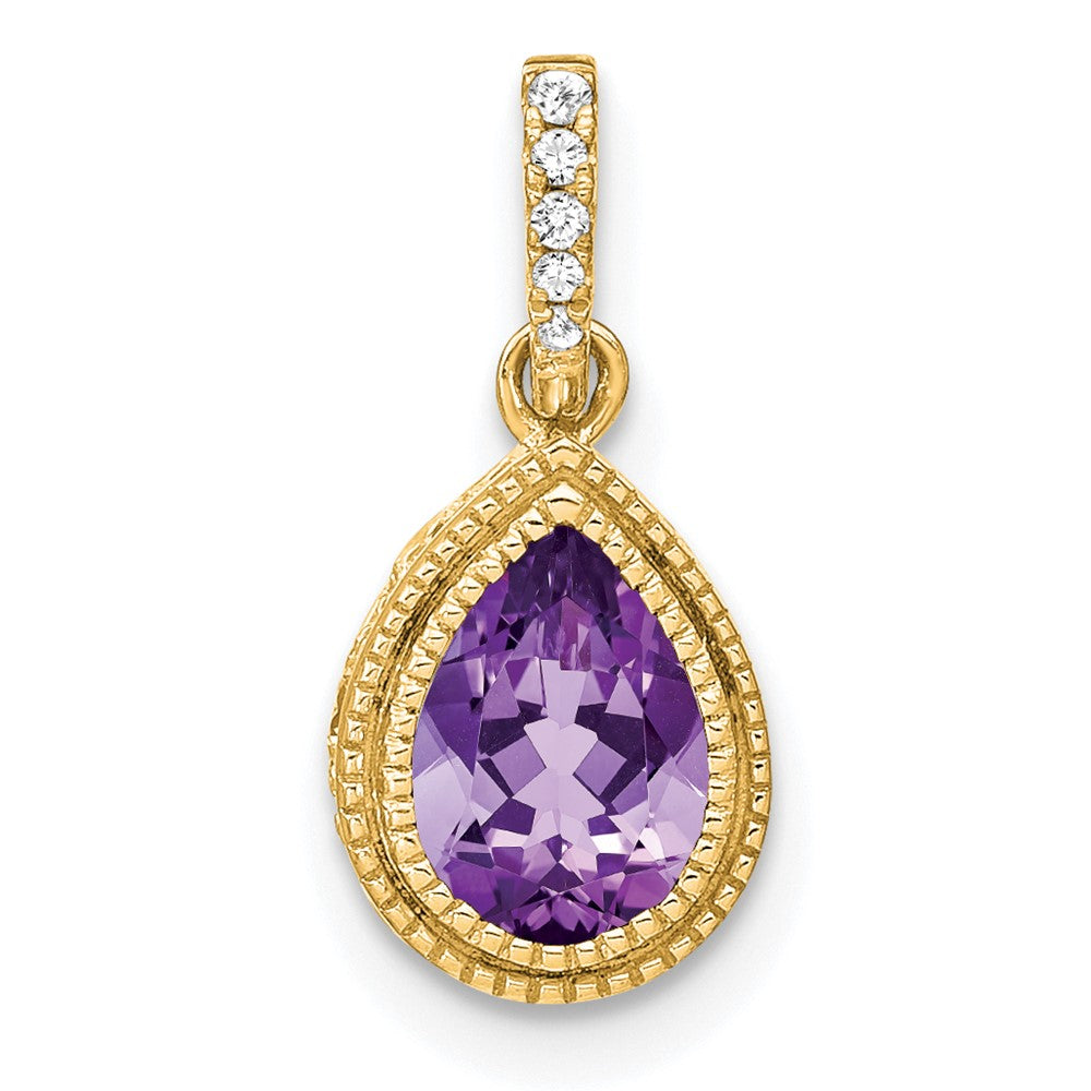 14 Karat Gelbgold Anhänger mit birnenförmigem Amethyst und echten Diamanten