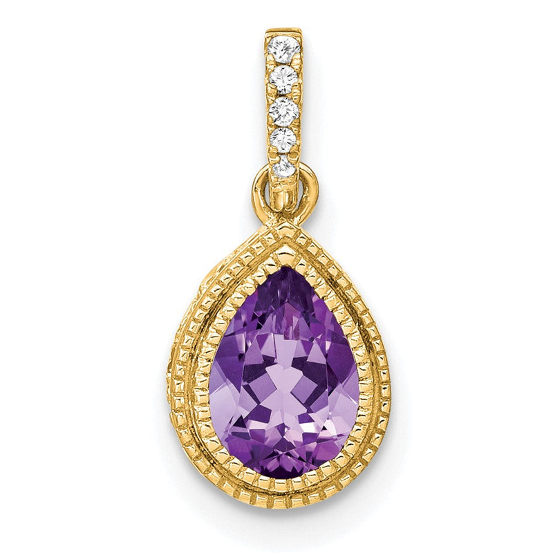 14 Karat Gelbgold Anhänger mit birnenförmigem Amethyst und echten Diamanten