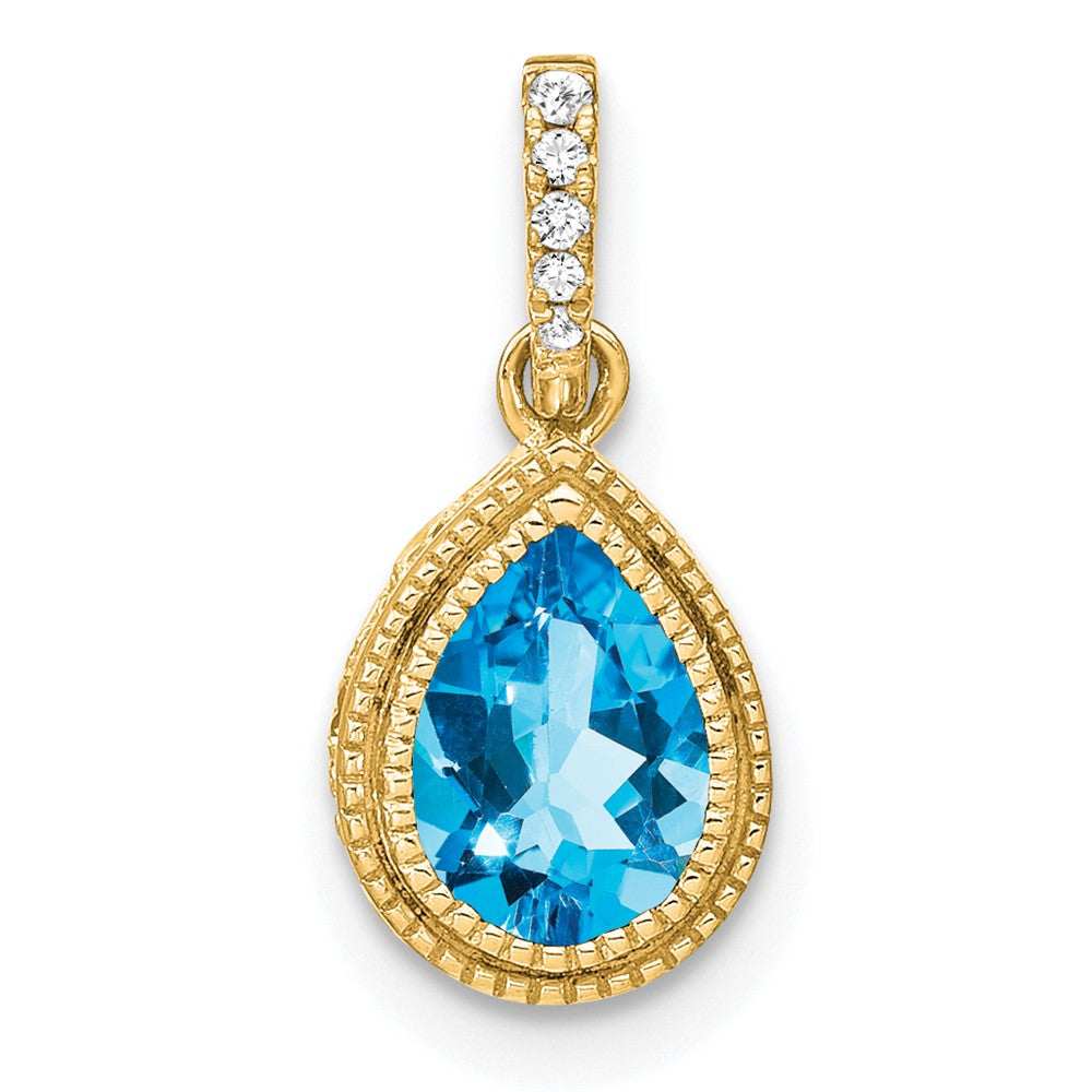 14K Gelbgold Anhänger mit birnenförmigem Blautopas und echten Diamanten