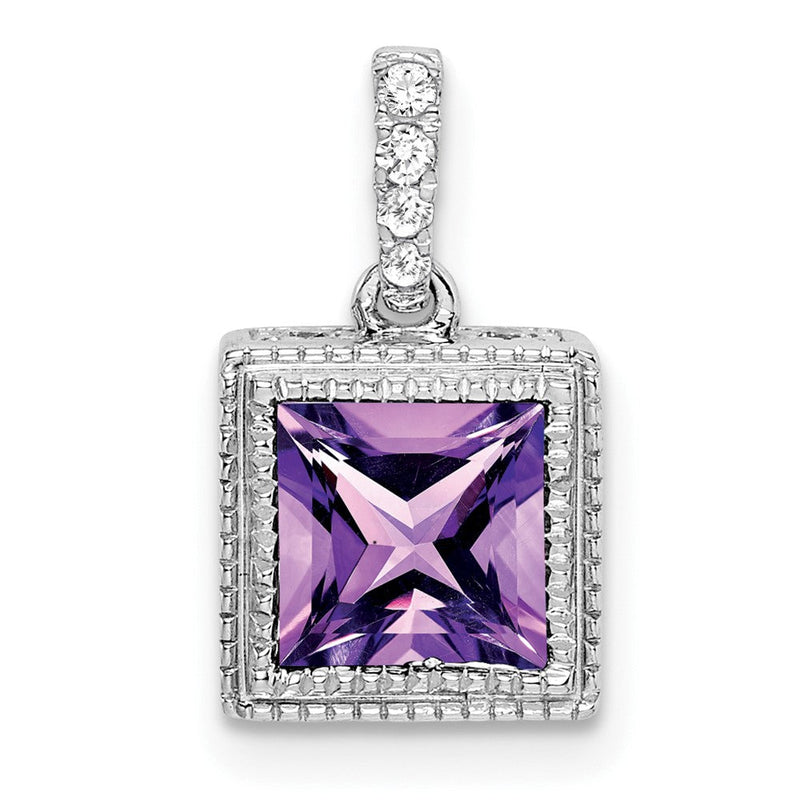 14K Weißgold Anhänger mit quadratischem Amethyst und echten Diamanten