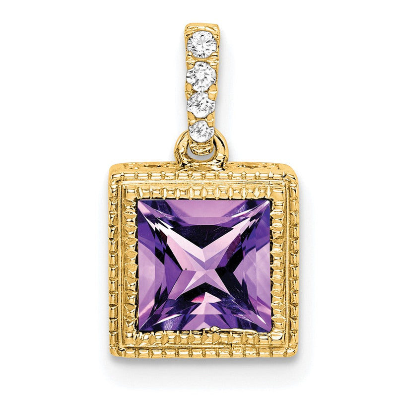 14K Gelbgold Anhänger mit quadratischem Amethyst und echtem Diamant