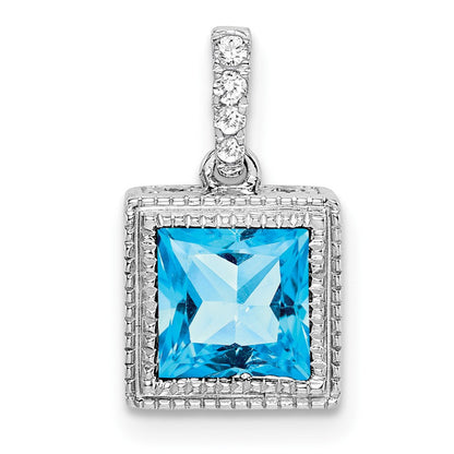14k Weißgold Anhänger mit quadratischem Blautopas und echten Diamanten