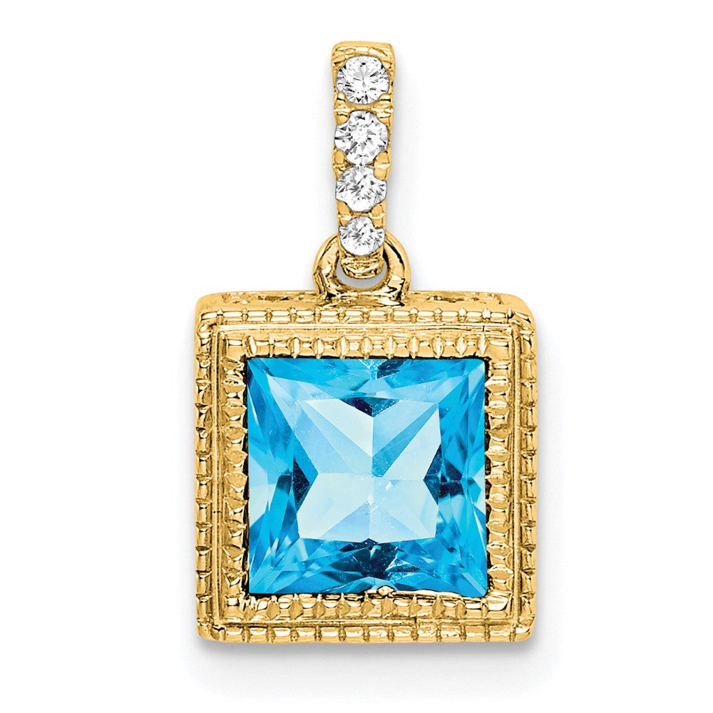 14K Gelbgold Quadrat-Anhänger mit blauem Topas und echten Diamanten