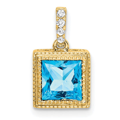 14K Gelbgold Quadrat-Anhänger mit blauem Topas und echten Diamanten