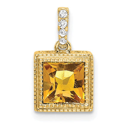 14K Gelbgold-Anhänger mit quadratischem Citrin und echten Diamanten