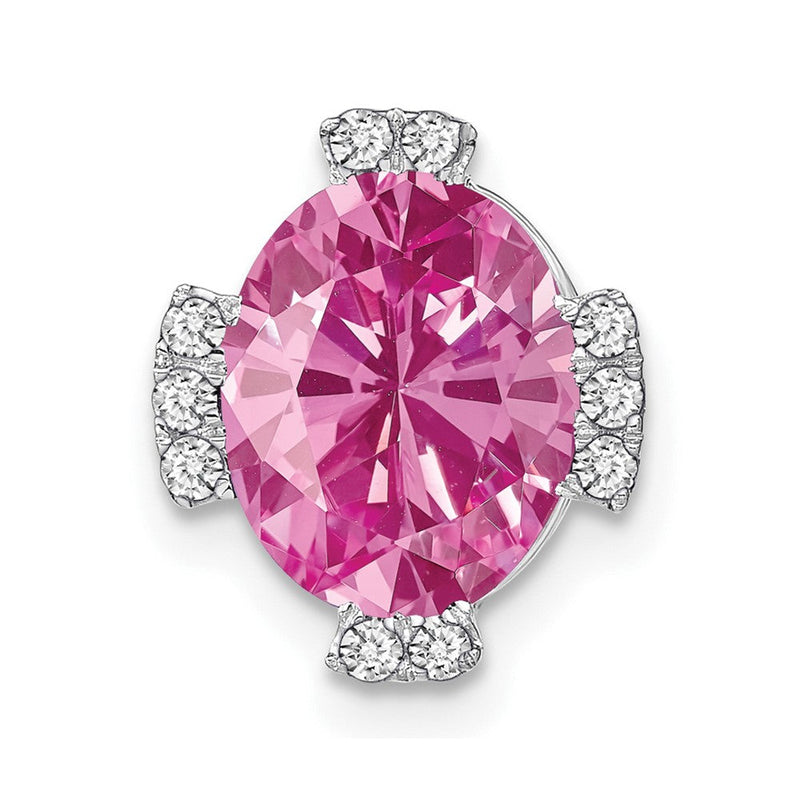 14K Weißgold Oval Erzeugt Rosa Saphir und Echt Diamant Kette Anhänger