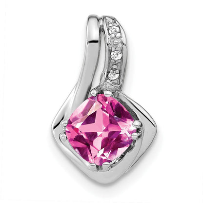 14k Weißgold Anhänger mit synthetischem pinkfarbenem Saphir und echtem Diamant