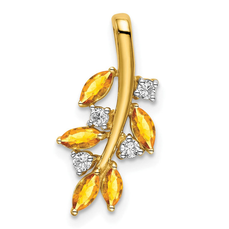 14K Gelbgold Anhänger mit Citrin und echten Diamanten in Blätter-Design