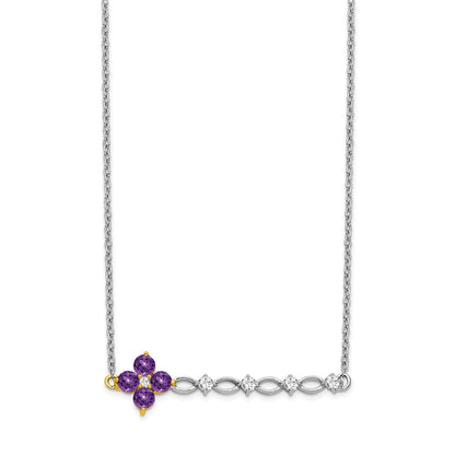 14K Bicolor Gold Amethyst und Echt Diamant 18 Zoll. Blumen Stab Halskette