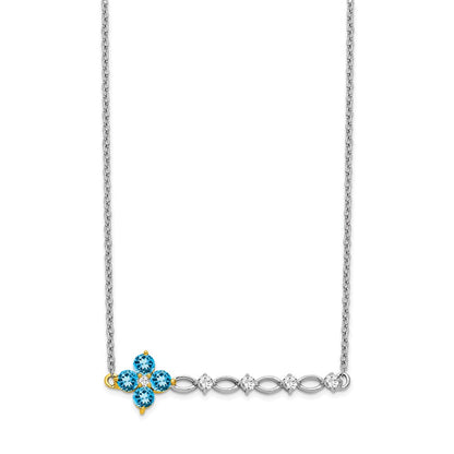14K Bicolor Gold Blautopas und Echt Diamant 18 Zoll. Blumen Stab Halskette