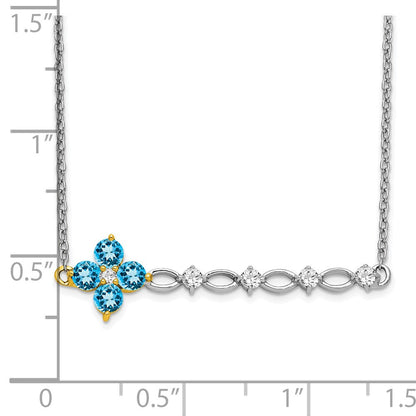 14K Bicolor Gold Blautopas und Echt Diamant 18 Zoll. Blumen Stab Halskette