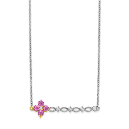 14K Bicolor Gold Creat. Rosa Saphir/real Diamant 18 Zoll. Blumen Stab Halskette