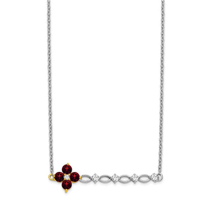 14K Bicolor Gold Granat und Echt Diamant 18 Zoll. Blumen Stab Halskette