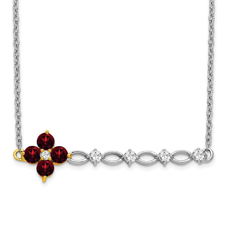 14K Bicolor Gold Granat und Echt Diamant 18 Zoll. Blumen Stab Halskette
