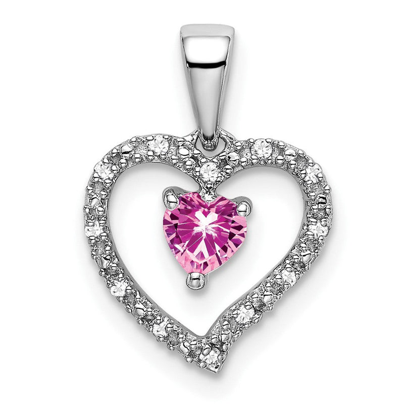 14K Weißgold Herz-Anhänger mit rosa Saphir und echtem Diamant