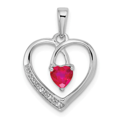14K Weißgold Herz-Anhänger mit Rubin und echtem Diamant