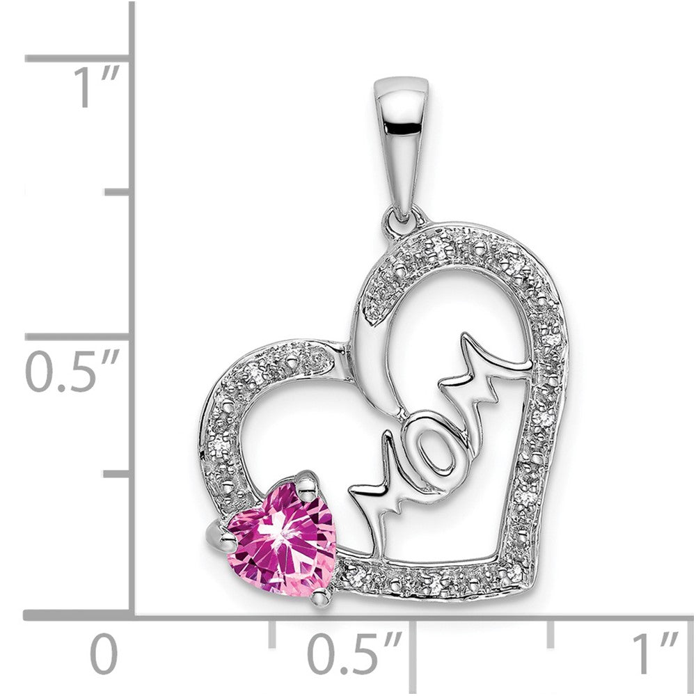 14K Weißgold Herz-Anhänger mit rosafarbenem Saphir und echten Diamanten "MOM